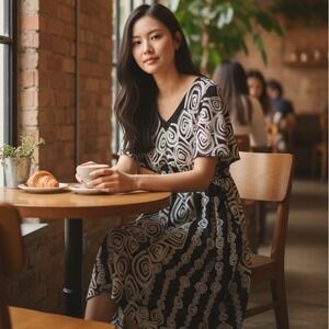 CHRIS MCLAUGHLIN Black White Dress Swirl Print Flutter Sleeve Midi Plus Size 22